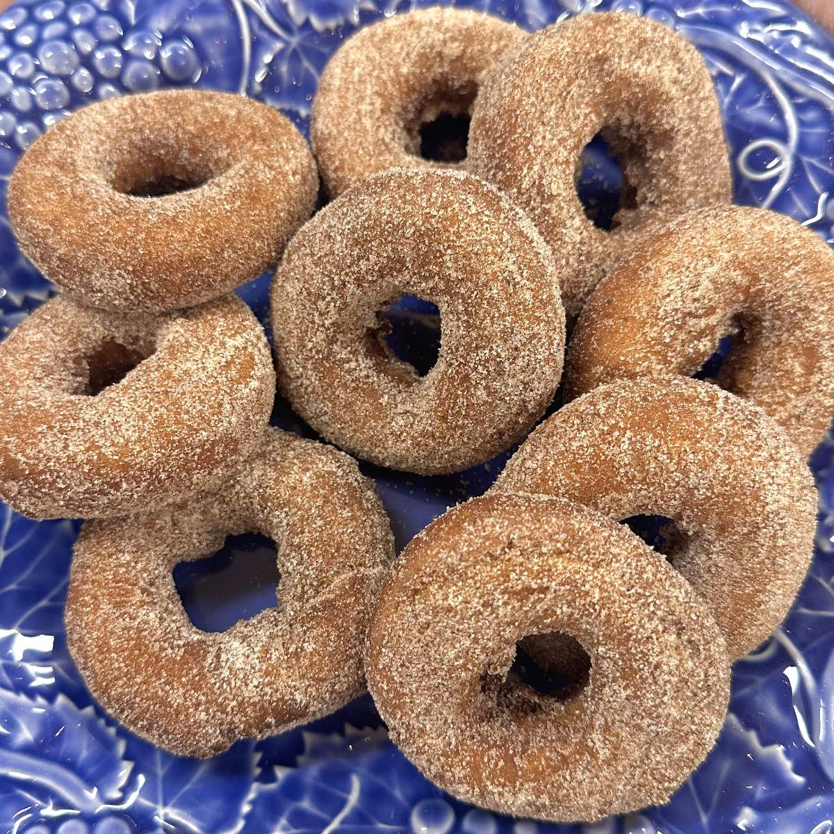 Cinnamon sugar donuts on a blue plate